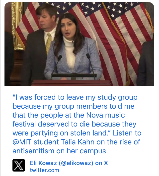 "l was forced to leave my study group because my group members told me that the people at the Nova music festival deserved to die because they were partying on stolen land.” Listen to @MIT student Talia Kahn on the rise of antisemitism on her campus. <br />Eli Kowaz (@elikowaz) on X twitter.com