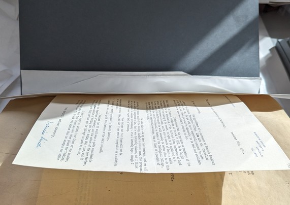Two overlapping horizontal strips of paper, guards, against a piece of manilla, in a scrapbook style volume.

Beneath: A sunlit piece of paper with typewriter text projecting towards the viewer.