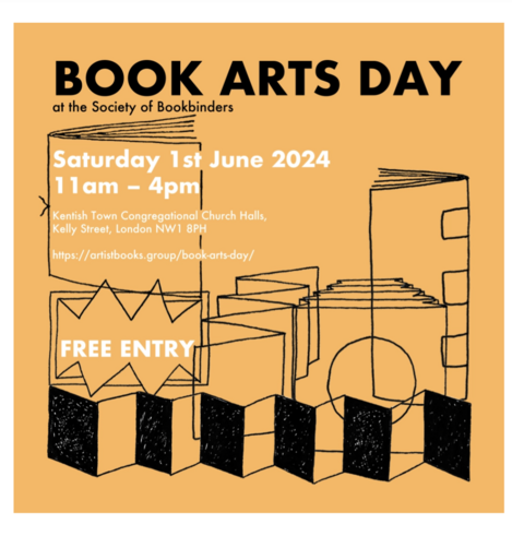 Book Arts Day
1 June 2024
11 am - 4 pm

Orange background 
Line drawings of multiple styles of bookbindings including exposed spines, according, peepshow 