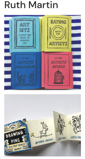 Ruth Martin 
Set of four small books with turquoise, yellow, blue and red covers.
An accordion fold book with line drawings on each page entitled Drawing Pins.